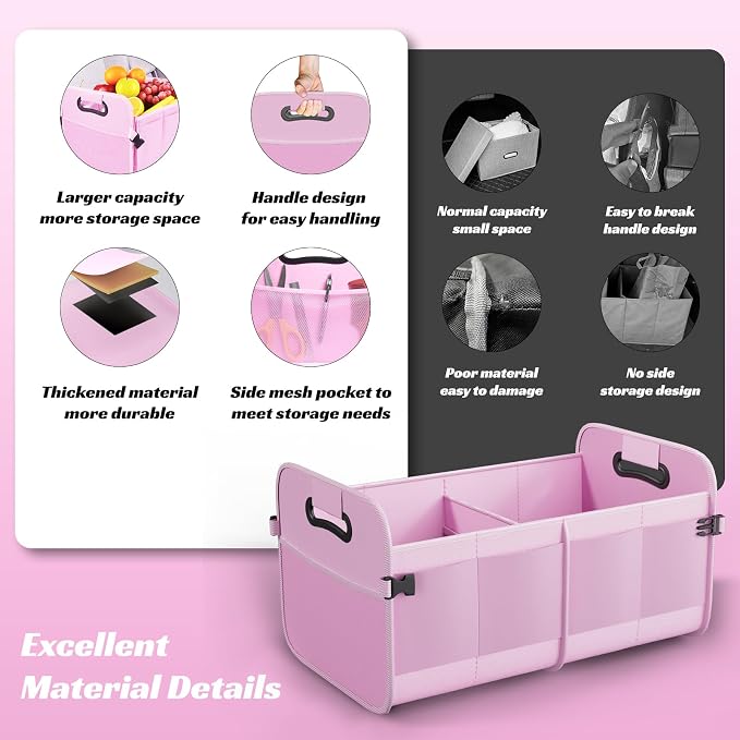 Trunk Organizer for Car - 70L Collapsible Car Storage with 11 Pockets & Reinforced Handles, SUV Trunk Organizers for Grocery Cargo(Pink)