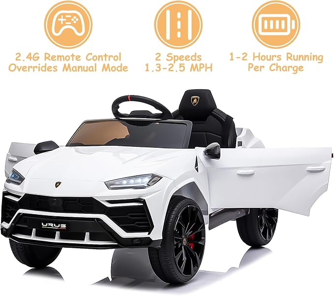 Electric Car for Kids 12V Licensed Lamborghini Ride On Car with Remote Control,Max Speed 2.5Mph,LED Lights,Music Players,Opening Doors,Spring Suspension,Toddler Cars to Drive (White)