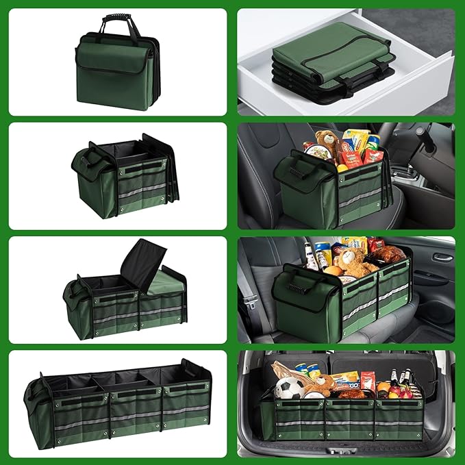 Snuopfy,115L Heavy Duty Collapsible Trunk Storage, with Insulated Leakproof Cooler Bag Vehicle Cargo Organizer with Lid, 3 Compartments, Straps For Car,Suv,Jeep,Sedan-Green