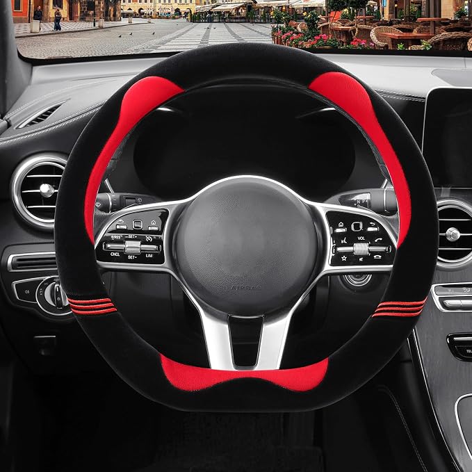 Furry Cute Soft D Shaped Steering Wheel Cover 15 inch Black Red | Fluffy Short Plush Car Accessories, Non-Slip Cold-Proof Sweat-Proof Colorfast, Universal 14.5 inch to 15 inch