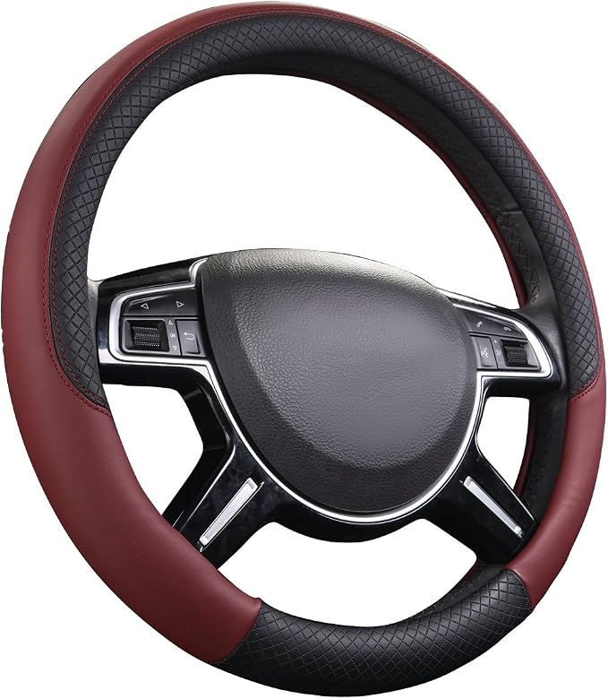 Rhombus Leather Universal Steering Wheel Cover, Fit for Suvs,Trucks,Cars,Sedans,Vans (Black&Burgundy)
