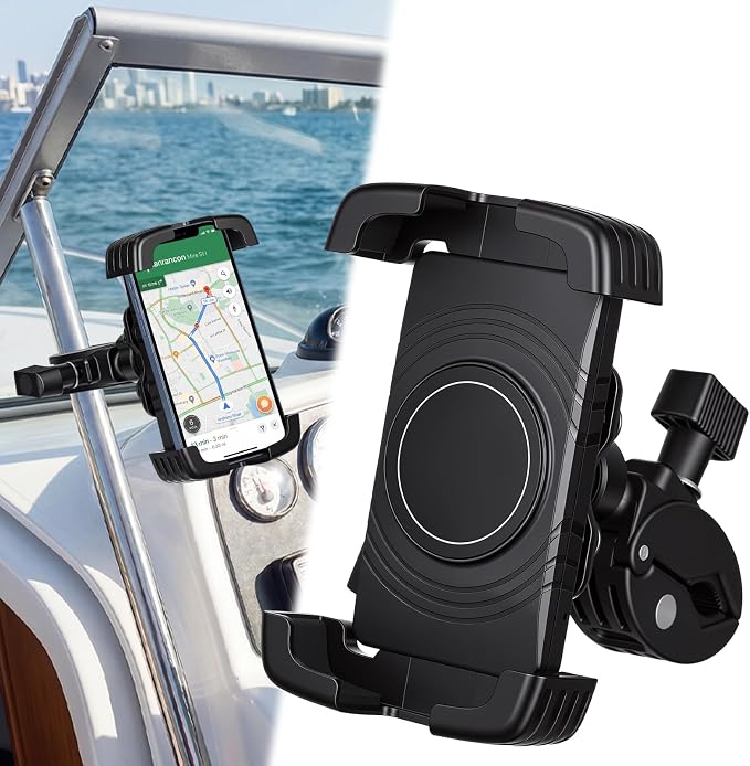 1 Pack Boat Phone Holder, Marine Cell Phone Holder No Sunshade, Black 360 Degree Adjustable Knob Crab Clamp, Smartphone Accessory for Boat Rail, Car, Cycling, Pontoon and Outdoor Use