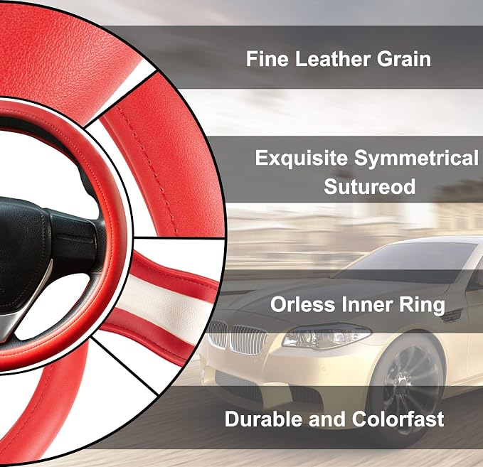 Red Leather Steering Wheel Cover, Comfortable and Soft Solid Color Universal Steering Wheel Cover 15 inch, Suitable for Most Cars (Red) Valentine's Day
