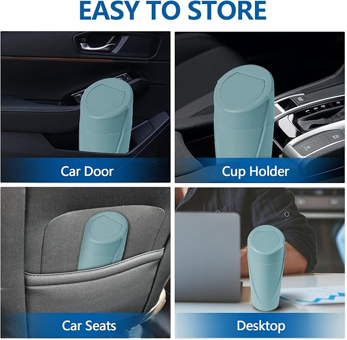 Mini Car Trash Can with Lid, Portable Garbage Can for Car, Leakproof Cup Holder Automotive Garbage Bin with 2 Rolls of Trash Bags, Small Trash Storage Can for Car Home Office(Dark Green)