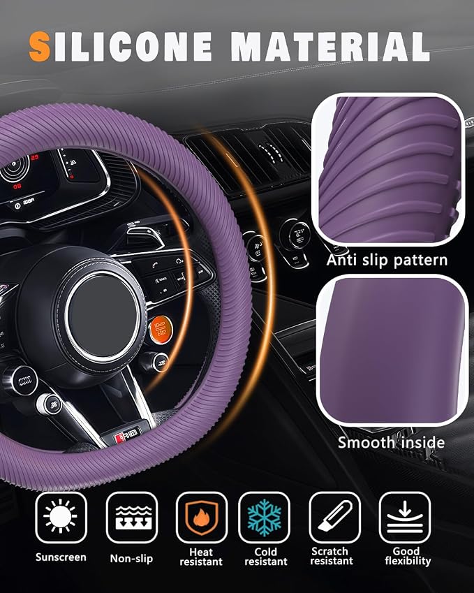 Car Steering Wheel Cover, Thin Anti-Skid Silicone Steering Wheel Cover for Men & Women, Universal Automotive Interior Accessories for Most Cars (Purple)