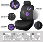 Universal Cloth Butterfly Car Seat Covers Full Set, Embroidered Flower Waterproof Car Floor Mats Carpet, Butterflies Steering Wheel Cover for Car Accessories Interior Sets (Black and Purple)