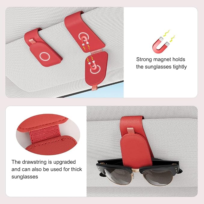 Sunglass Holder for Car Visor, Red, 2 Packs | Suede Cloth, Magnetic, Organizer for Car Accessories