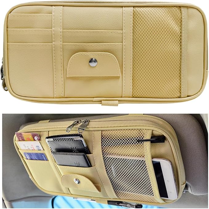 Car Sun Visor Organizer, Double Zipper Leather Visor Storage Pouch with Multi-Pocket, Sunglass Holder Storage Pocket with Elastic Band for Cars SUVs Trucks, Car Accessories (Beige)