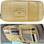 Car Sun Visor Organizer, Double Zipper Leather Visor Storage Pouch with Multi-Pocket, Sunglass Holder Storage Pocket with Elastic Band for Cars SUVs Trucks, Car Accessories (Beige)