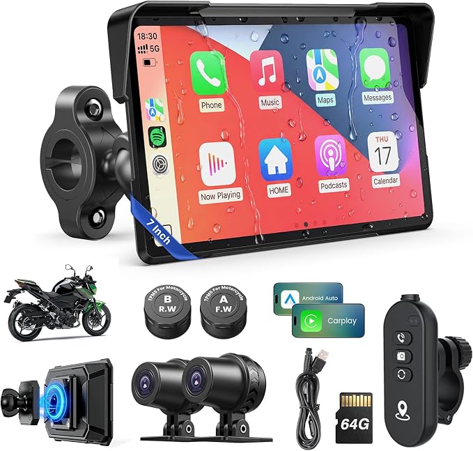 Motorcycle CarPlay Screen with Android Auto – 7” Waterproof GPS, Pantalla para Moto, Apple CarPlay, Navigation System for Motorcycle, Dual 2K Dash Cam Bluetooth Audio,64GB&TPMS with Magnetic