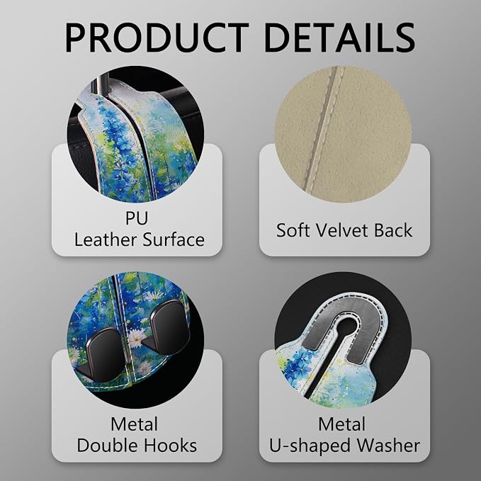 2PCS Car Seat Back Storage Headrest Hooks, Floral Blue Purse Holder Bags Hanger, PU Leather Double Metal Hook for Backseat Organizer, Women Car Accessories Organization