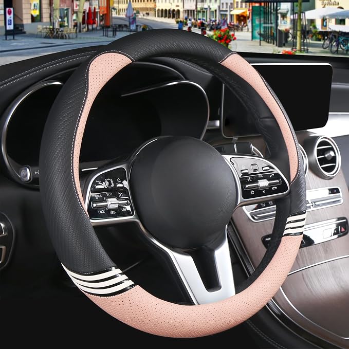 Cute Leather Car Steering Wheel Cover for Women Men Breathable Universal 15 inch Universal,Black and Pink