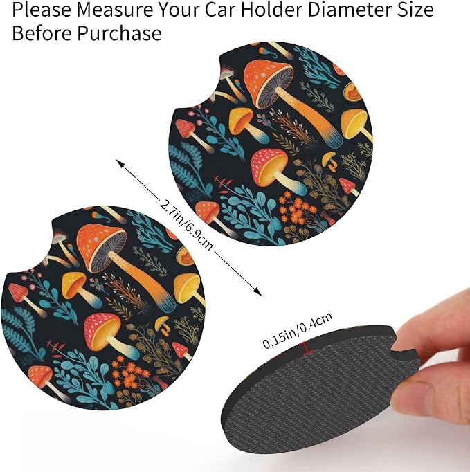 Mushroom Woodland Steering Wheel Cover, 2 Mushrooms Forest Car Coasters | Breathable, Anti-Slip, Universal 14-15 Inch, Neoprene Coasters, Cute Woodland Design, Gift for Men Women