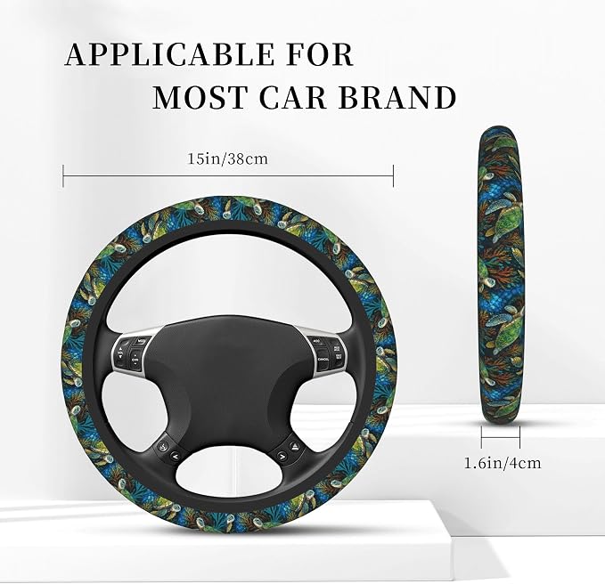 Sea Turtle 3-Pc Car Set : Steering Wheel Cover + 2 Cup Coasters | neoprene Non-Slip, Breathable Elasticity Universal Fit 14.5-15.6 Inch for Cars/Trucks/SUV - Car Interior Decoration