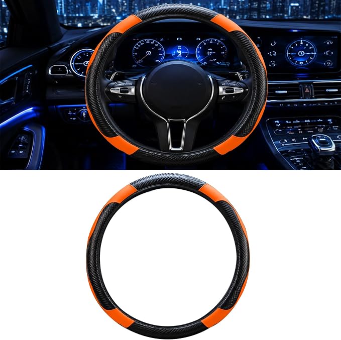 Car Steering Wheel Cover, 15 inch Carbon Fiber Microfiber Anti-Slip Breathable PU Leather Elastic Steering Wheel Protector, Car Interior Accessories for Most Cars (Orange)