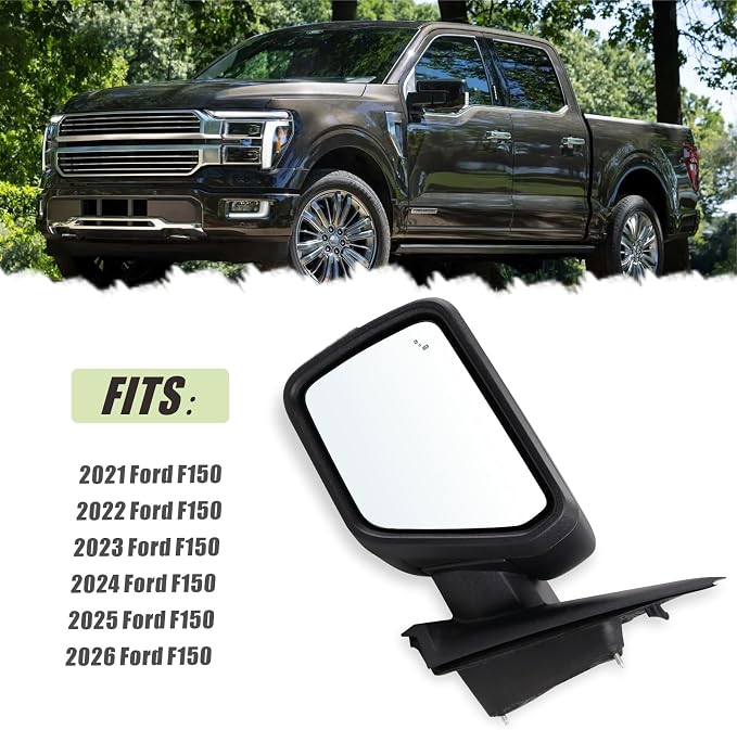 Left Driver Side Mirror Compatible With 2021-2026 Ford F150 With Manual Folding Power Glass Heated Blind Spot Turn Signal Light Matte Black Replace#ML3Z17683TA (9Pins)
