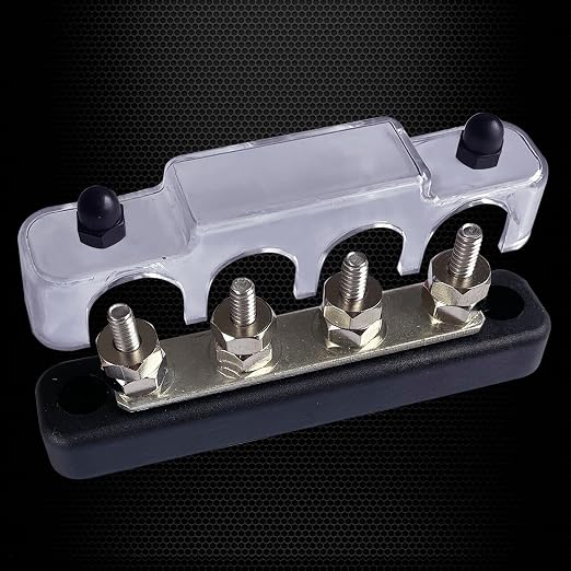 4 x #10 (M5) Studs Bus Bar, 4.2" Ground Distribution Block Brass Battery BusBar Junction with Cover for Auto Boat Amplifier and More (Black)