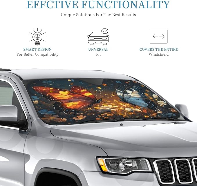 Windshield Sun Shade Butterfly Magic Flower Car Front Window Sunshade Cover for Truck SUV Blocks UV Rays Automotive Visor Interior Protector 55 x 30 inch