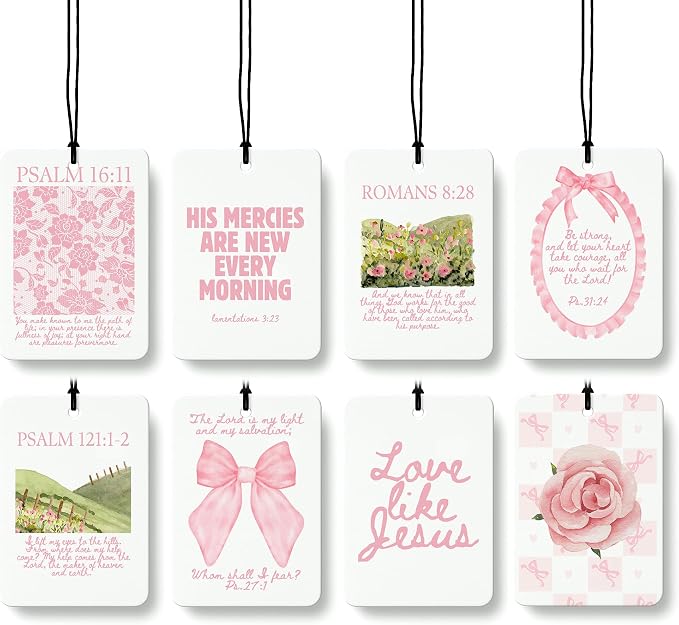 Pink Christian Car Air Freshener 8 Pcs, Coquette Pink Bow Floral Religious Hanging Air Freshener for Dorm Bedroom Apartment, Girly Christian Car Accessories Mirror Decor for Women Teen Girls