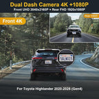 Front 4K+Rear 1080P Dash Cam Adapts for Toyota Highlander 2020-2026 & Hybrid (Gen4/UX70), Integrated OEM Look, Dual HD Video, WiFi & APP, Loop Recording, G-Sensor, Easy to Use, 128GB Card
