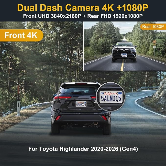 Front 4K+Rear 1080P Dash Cam Adapts for Toyota Highlander 2020-2026 & Hybrid (Gen4/UX70), Integrated OEM Look, Dual HD Video, WiFi & APP, Loop Recording, G-Sensor, Easy to Use, 128GB Card