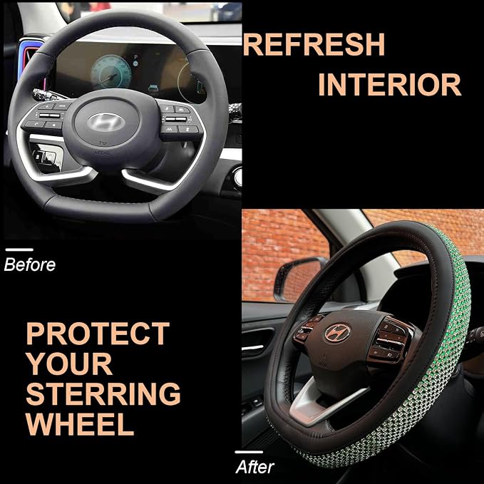 D Shaped Bling Comfy Steering Wheel Cover with Jumbo Crystal Rhinestones, Anti-Slip Diamond Leather, Flat Bottom 14.5-15 Inch (Vivid Green)
