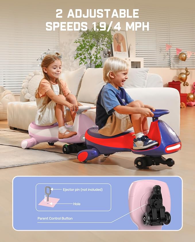 N7 Pro Electric Wiggle Car, Rechargeable Battery, CyberWiggle, 2 in 1 Swing Car, 2 Speeds Max 4 Mph, Anti-Rollover, Flashing Wheels, Bluetooth, Ages 3+, 150 Lbs,Pinkish White