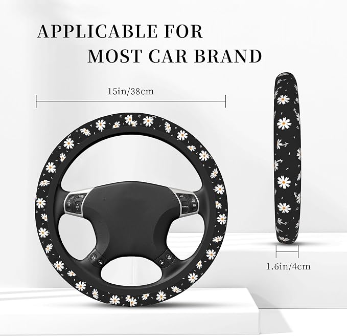 Daisy Floral Steering Wheel Cover Women Girls Cute Flower Car Steering Wheel Cover Black Anti-Slip Soft Neoprene Auto Accessories Interior Decor Protector Covers Gifts Elastic Universal 15 Inch