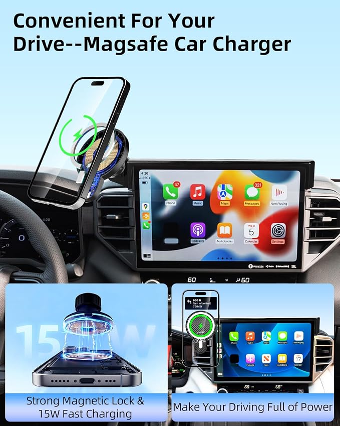 PZK Car Phone Mount for Toyota Tundra 2022-2026 /Sequoia 2023-2026 | 3rd Gen Tudnra Accessories 14-Inch Screen Magnetic 15W Fast Wireless Charger Phone Holder Magsafe 360° Rotation Stand