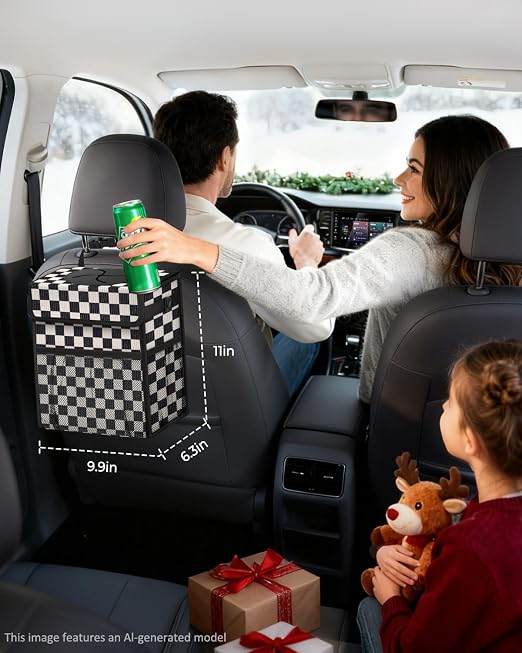 Corduroy Car Trash Can with Lid and Mesh Pockets - Leakproof Organizer,Multipurpose Waterproof Garbage Can/Trash Bin for Car(Black and White Check-3 Gallons)