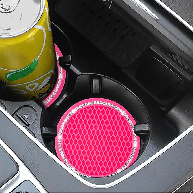 Car Coasters, 4 Pack Universal Vehicle Bling Car Coaster, Rhinestone Coaster for Cup Holders, Car Interior Accessories 2.75'' Silicone Car Coasters for Women(Hot Pink, White Crystal Circle)