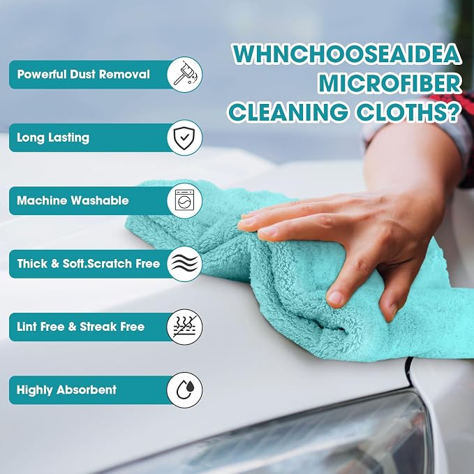 30 Pcs Edgeless Microfiber Plush Towels for Cars Detailing Drying Wash Polishing Absorbent Cleaning Cloths, 500 GSM (16 x 16 Inch,Teal Blue)