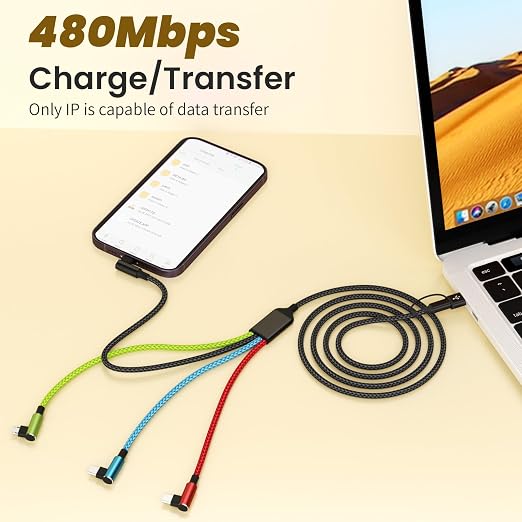 Travel Essentials 90 Degree Charging Cable, 4 in 2 USB A/USB C Multi Charging Cable, Right Angle Universal Phone Charger with IP/Type C/Type C/Micro Port, Compatible with Most Cell Phones and More