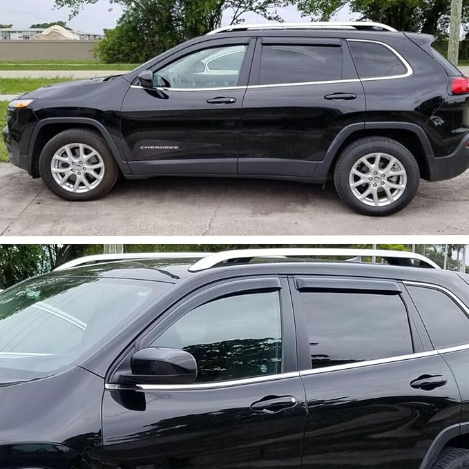 Extra Durable Outside-Mount Auto Vent Window Visor, Fits 2014-2023 Jeep Cherokee, UV Protection Rain Guard, Original Wind Deflector, No-Drill Easy Install, Dark Smoke, 4-Pcs