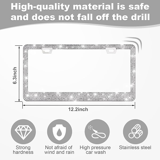 2 Pack Bling License Plate Frames for Women, Sparkly Rhinestone Diamond Car Accessories with Glitter Crystal Caps (Silver)
