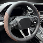 Nappa Leather Steering Wheel Cover,Elegant Diamond Checkered Design, Non-Slip wear-Resistant, Enhance Driving Comfort, Suitable for Steering Wheel Diameter 14 1/2‘-15’ Models.Black Brown