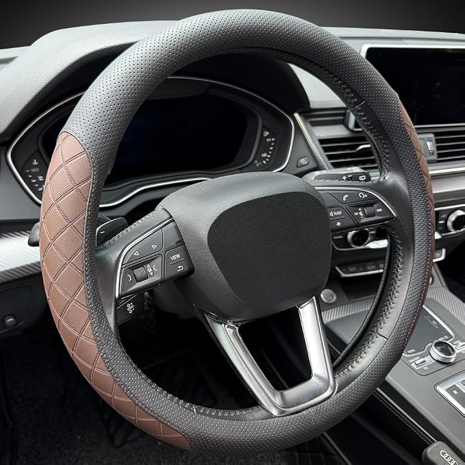 Nappa Leather Steering Wheel Cover,Elegant Diamond Checkered Design, Non-Slip wear-Resistant, Enhance Driving Comfort, Suitable for Steering Wheel Diameter 14 1/2‘-15’ Models.Black Brown