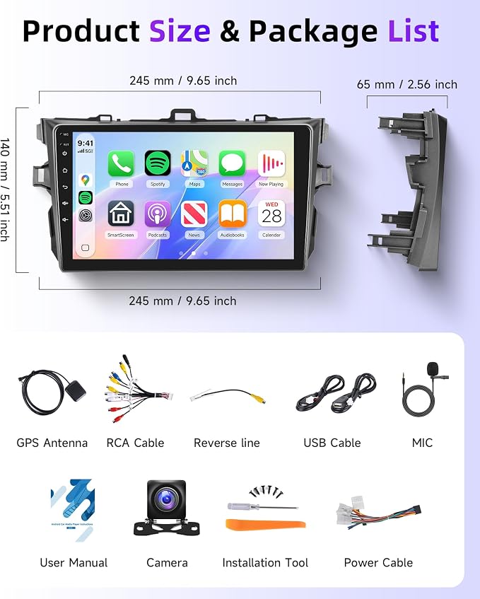 5Ghz WiFi Car Radio Stereo for Toyota Corolla 2009-2013 2+64G, 9" Touch Screen/Android 15/Wireless CarPlay/Android Auto/DSP EQ/GPS/Bluetooth/FM/RDS/SWC/HD Backup Camera