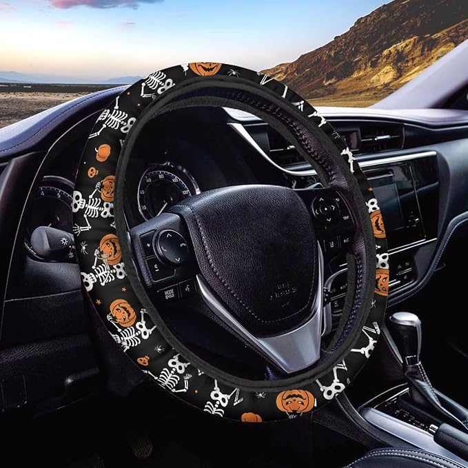 Universal Fit Car Steering Wheel Cover Stretch-on Comfortable Grip | Funny Skull Pumpkin Print, Sweat Absorption Comfort Grip for Driver Women Men, Halloween Decor