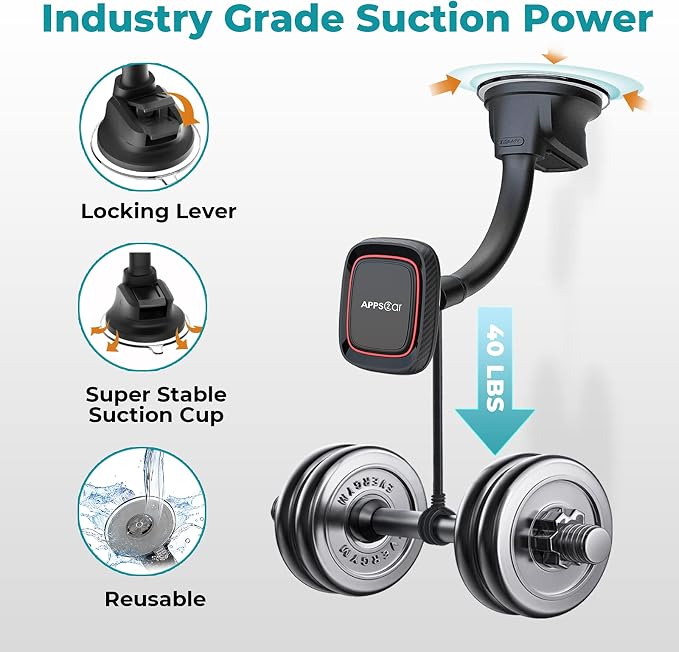 Magnetic Phone Holder for Car, Dashboard Windshield Phone Holder Mount with Flexible Arm & Built-in Strong Magnets, Suction Cup Phone Holder for Car Compatible with All Smartphones