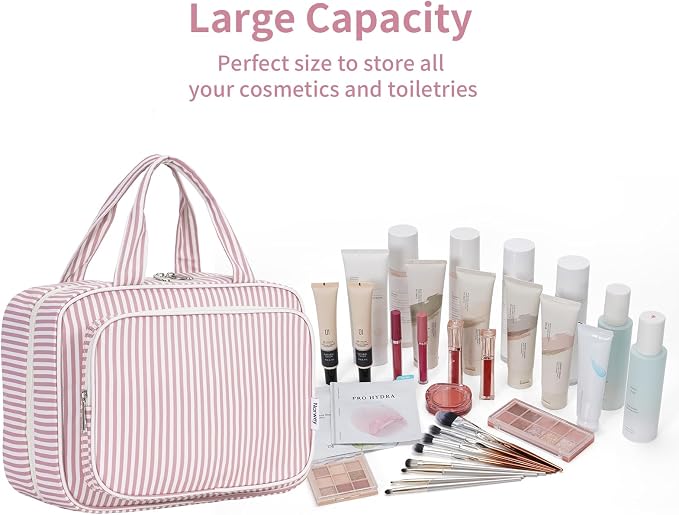 Striped Travel Toiletry Bag for Women Large Hanging Makeup Bag Organizer Toiletries Bag for Full Size Essentials Accessories Cosmetics (Dusty Pink Stripe (Large))