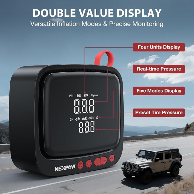 Tire Inflator Portable Air Compressor 150PSI 12V DC Air Pump with Dual Digital Pressure Gauge & Auto Shut-Off, Air Compressor Portable with LED Light for Car, Motorcycle, Bicycle, Ball and More