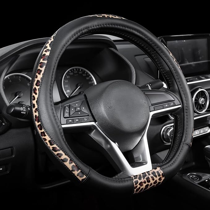 Steering Wheel Cover - Flat Bottom Wheel Cover Made with PVC Leather and Leopard Fabric - Universal Fit for 15-Inch D-Shaped Automotive Steering Wheels (Black Color)
