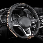 Steering Wheel Cover - Flat Bottom Wheel Cover Made with PVC Leather and Leopard Fabric - Universal Fit for 15-Inch D-Shaped Automotive Steering Wheels (Black Color)