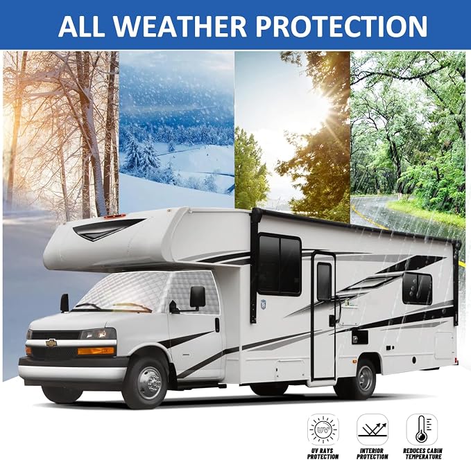 RV Windshield Cover for Chevy 2001-2024 Motorhome, RV Windshield Window Snow Cover for Ice and Snow RV Front Window Sunshade Cover Block UV Ray Heat, RV Accessories with Mirror Cutouts Silver