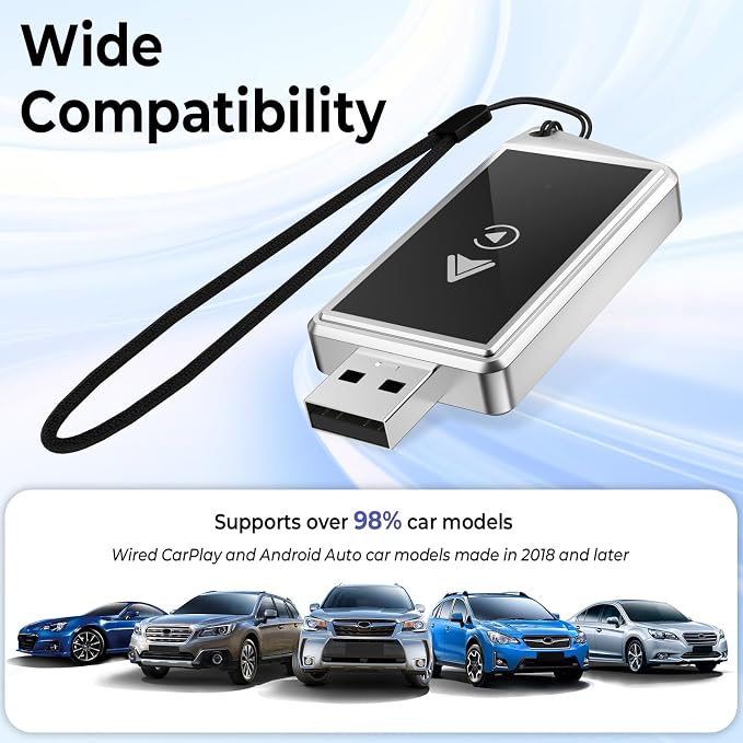 2-in-1 Wireless CarPlay & Android Auto Adapter | Converts Wired to Wireless, Plug & Play, Compatible with 2018+ Cars, Includes Lanyard, For iPhone and Android Phones
