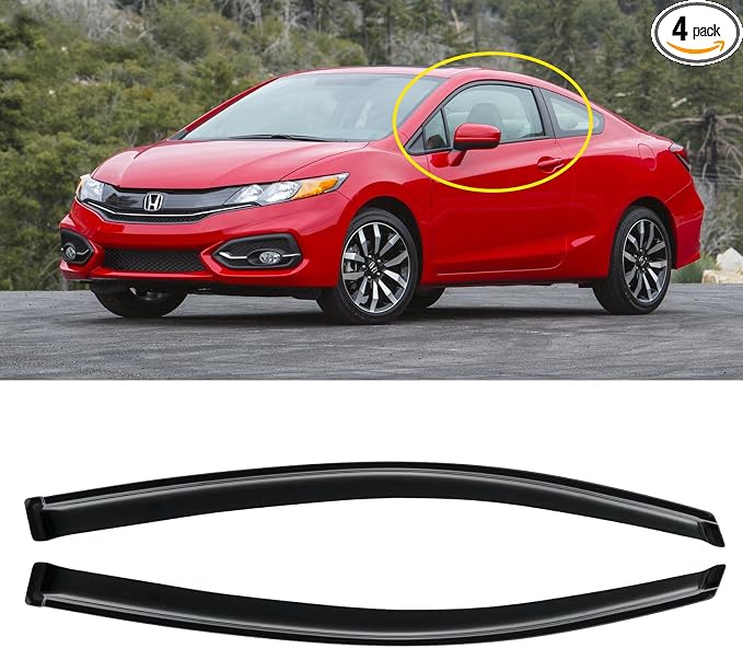Window Rain Guards for 2012-2015 Honda Civic Coupe (2-Doors), Window Visor Guard Vent Wind Shade Deflector Rain Shield Protector Sun Visor for 12-15 Civic 2013 2014,Tape-on/Outside-Mount, 4PCS