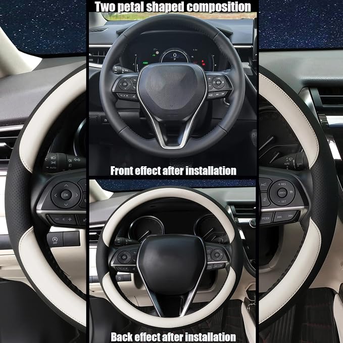 Steering Wheel Cover Universal Standard Size 14.5-15 inch, Non-Folding Packaging, Microfiber Leather, Anti-Slip, Soft Grip, Fits Most Cars SUVs Trucks, Black and Light Creamy White
