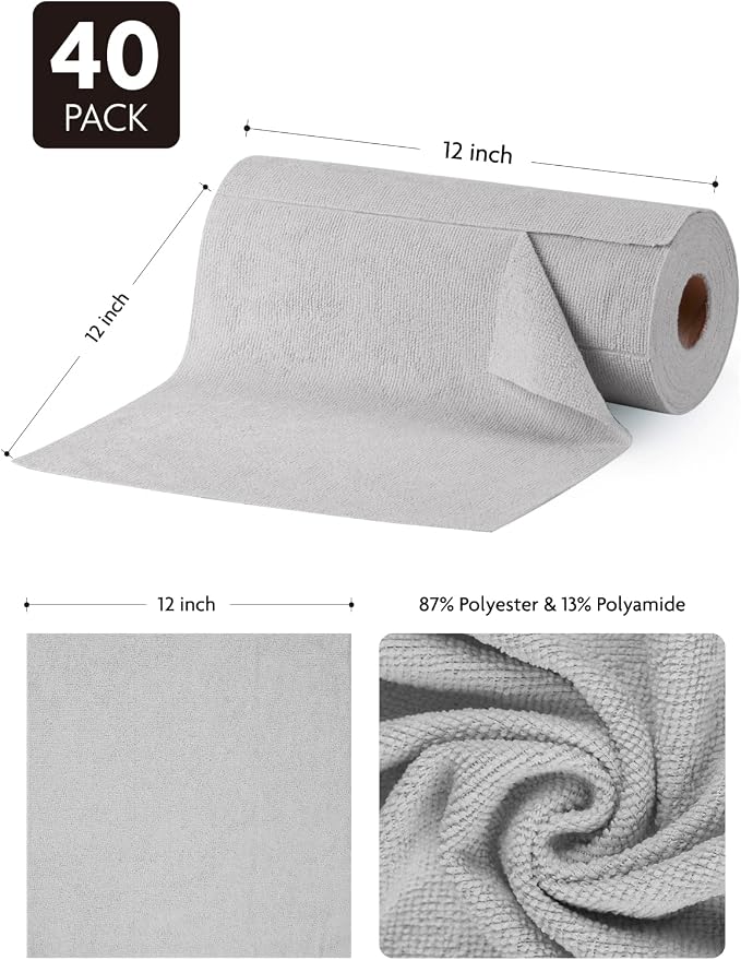 Microfiber Cleaning Cloth Roll -40 Pack, Tear Away Microfiber Towels, 12" x 12", Reusable, Washable, Scratch Free, Ultra Absorbent Dishcloth for for All-Around Cleaning Supplies (Grey)