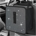 Car Foldable Trash Can, Bling Rhinestone Oxford Garbage Container Hanging Waterproof Organizer, Mini Crystal Dustbin Waste Basket Leakproof Trash Bin for Car Office Kitchen (White)